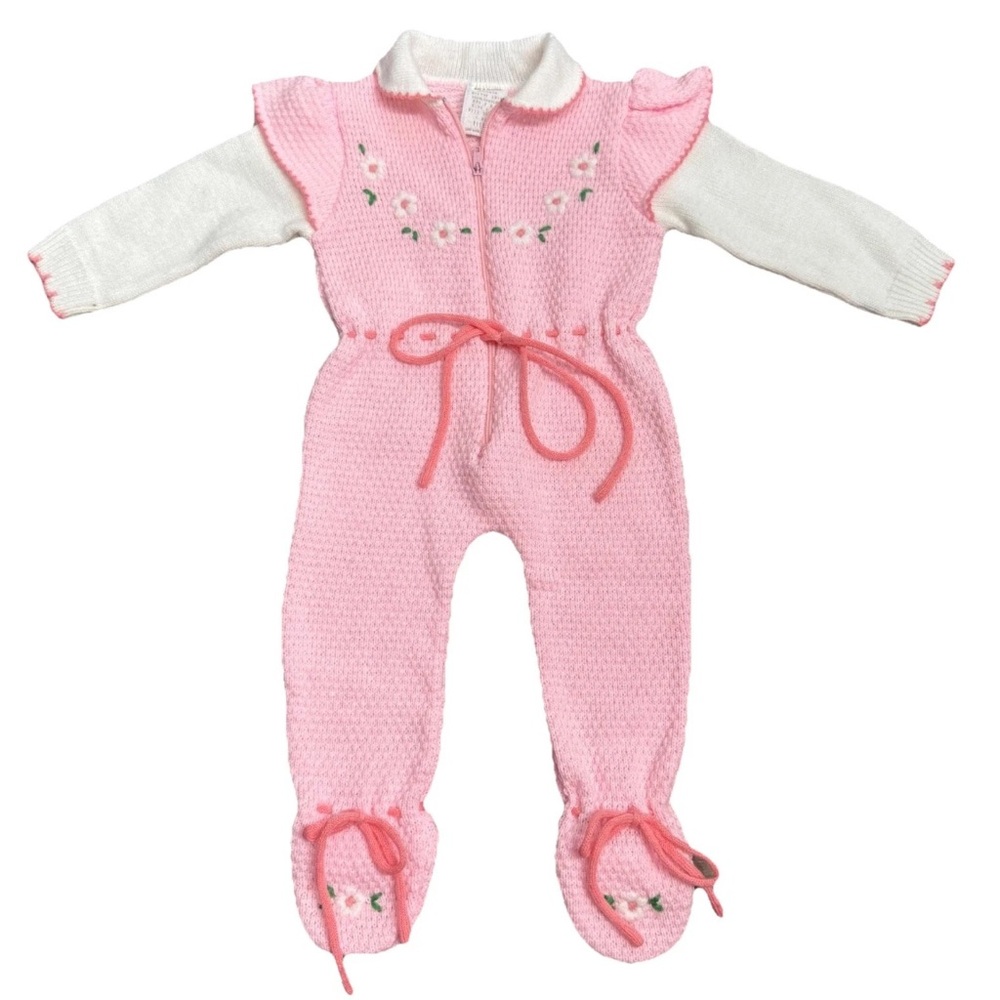 Vintage Pink Knitted Romper 6 Months Zip Up Footed Outfit **See Description**
